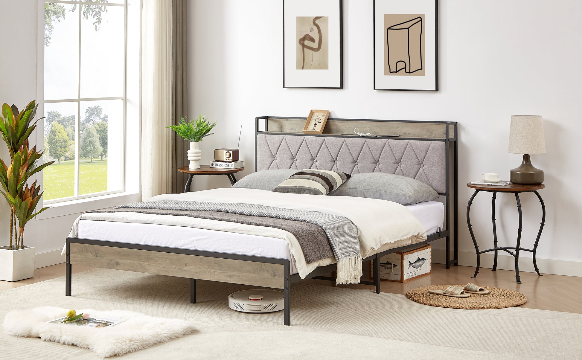 Bed Frame With Charging Station Queen Size,Grey, 87.8'' L X 61.8'' W X 39.2'' H. Queen Grey Particle Board