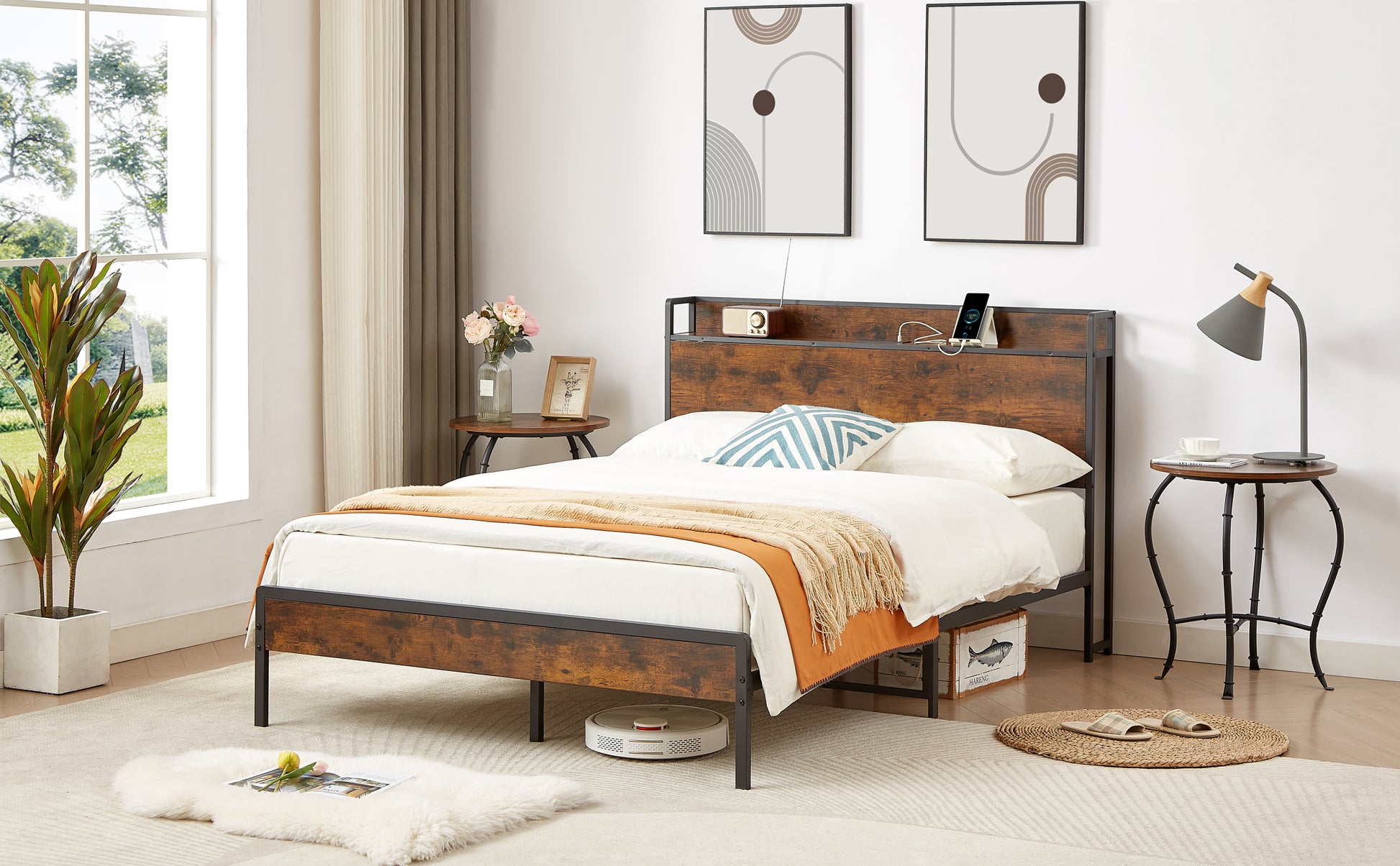 Bed Frame With Charging Station Full Size, Rustic Brown, 83.1'' L X 56.1'' W X 39'' H Full Rustic Brown Particle Board