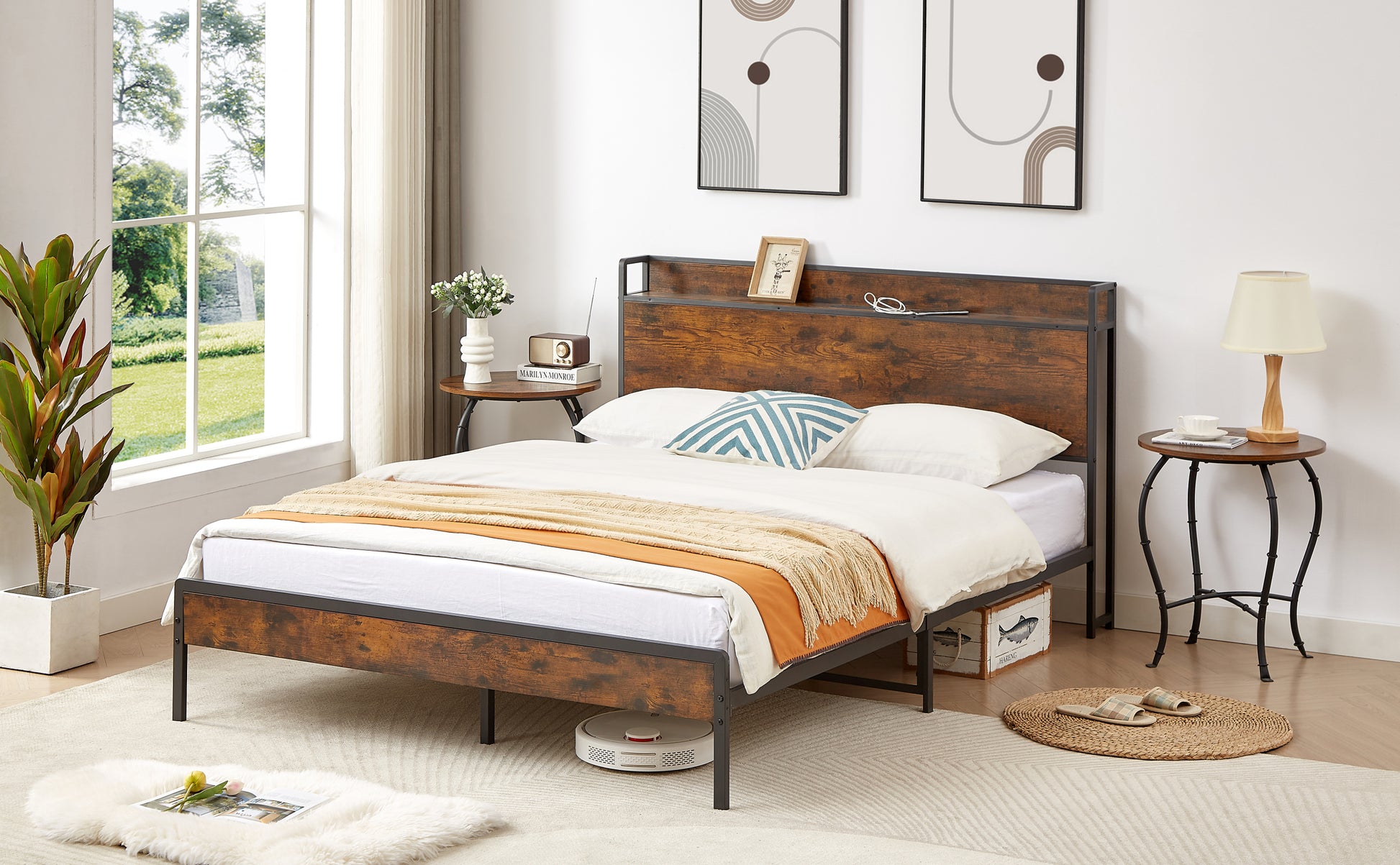 Bed Frame With Charging Station Queen Size,87.80'' L X 61.80'' W X 39.2'' H Queen Rustic Brown Particle Board