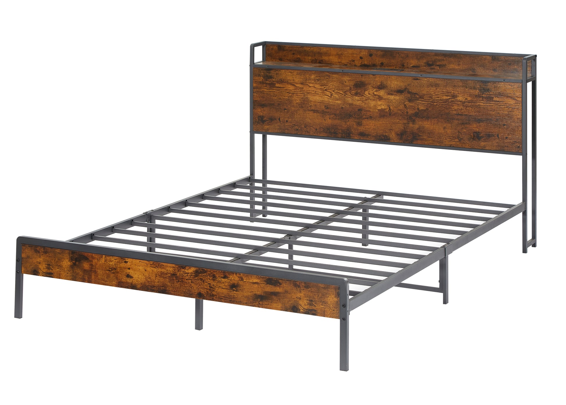 Bed Frame With Charging Station Queen Size,87.80'' L X 61.80'' W X 39.2'' H Queen Rustic Brown Particle Board