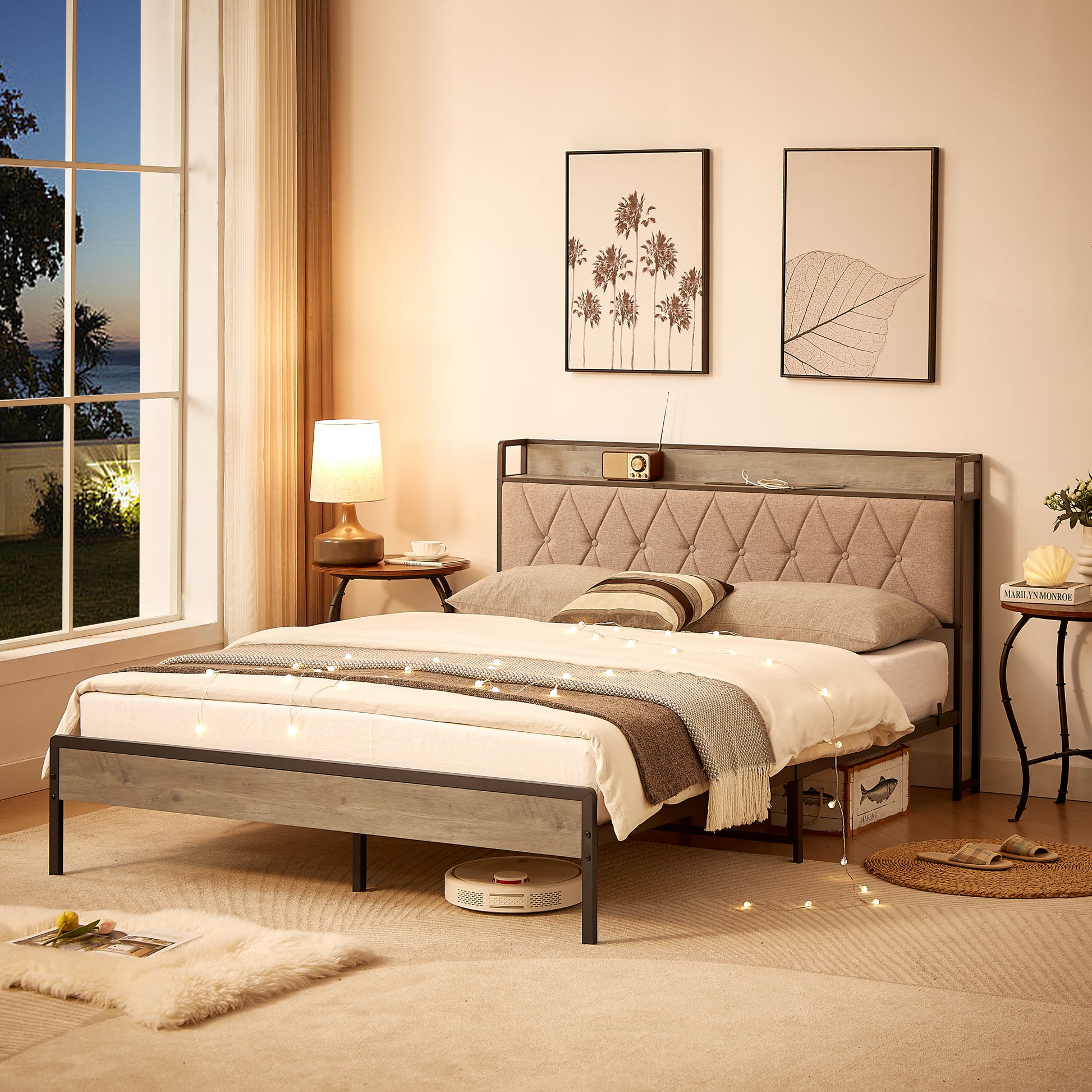 Bed Frame With Charging Station Queen Size,Grey, 87.8'' L X 61.8'' W X 39.2'' H. Queen Grey Particle Board