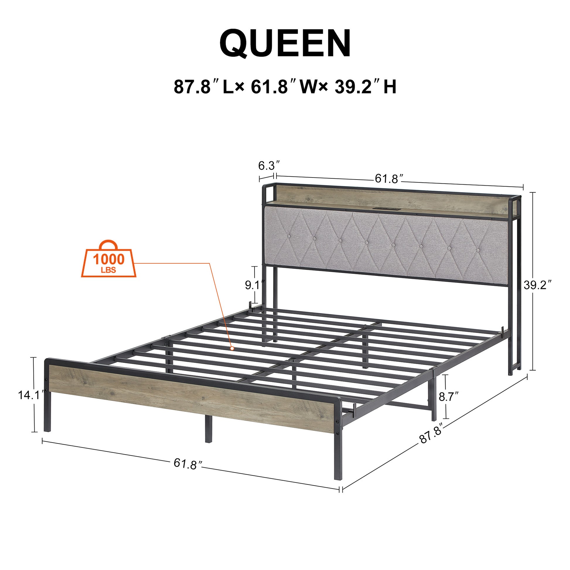 Bed Frame With Charging Station Queen Size,Grey, 87.8'' L X 61.8'' W X 39.2'' H. Queen Grey Particle Board