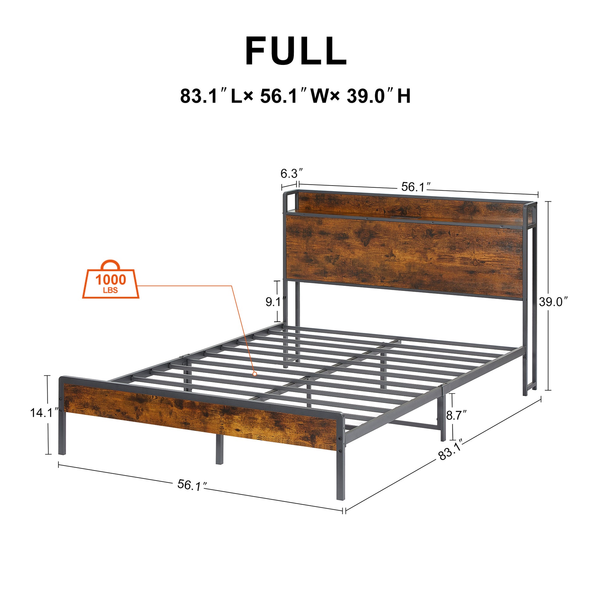 Bed Frame With Charging Station Full Size, Rustic Brown, 83.1'' L X 56.1'' W X 39'' H Full Rustic Brown Particle Board