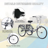 Adult Tricycle Trikes,3 Wheel Bikes,24 Inch Wheels Cruiser Bicycles With Large Shopping Basket For Women And Men Silver Steel