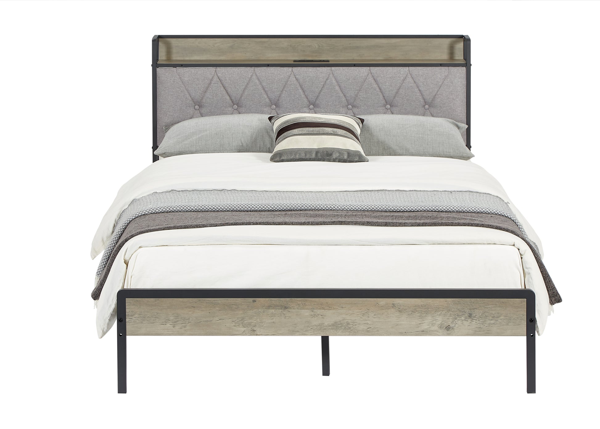 Bed Frame With Charging Station Full Size, Grey, 83.1'' L X 56.1'' W X 39.2'' H. Full Grey Particle Board