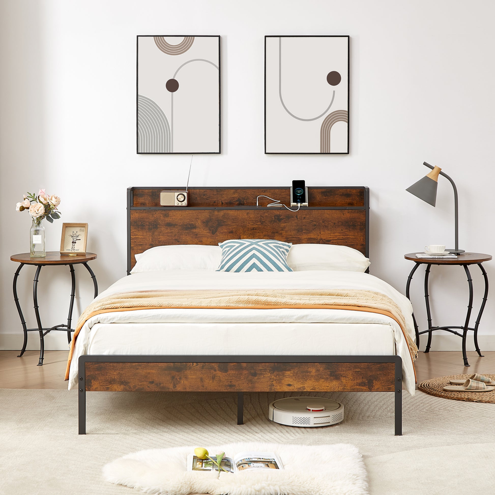 Bed Frame With Charging Station Full Size, Rustic Brown, 83.1'' L X 56.1'' W X 39'' H Full Rustic Brown Particle Board