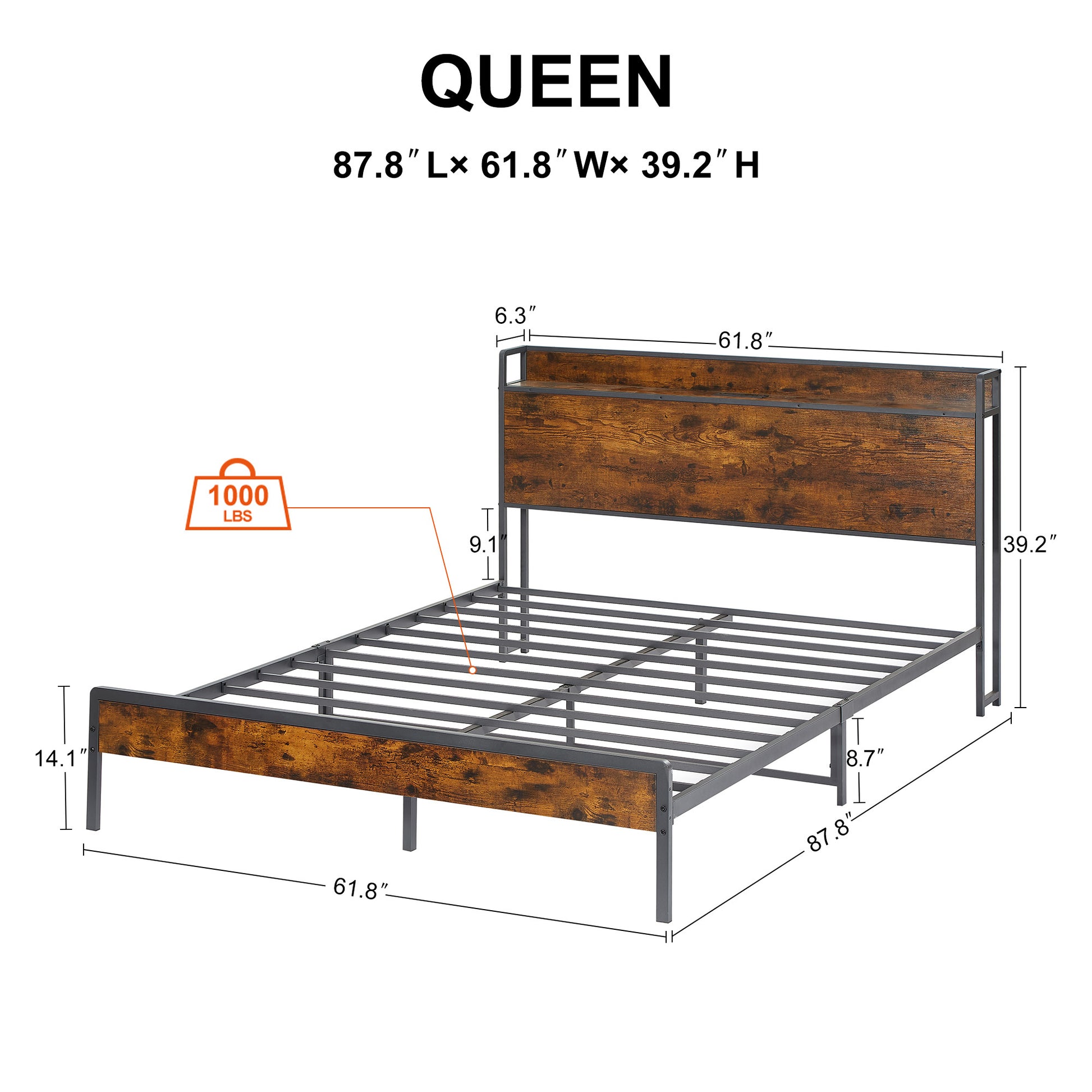 Bed Frame With Charging Station Queen Size,87.80'' L X 61.80'' W X 39.2'' H Queen Rustic Brown Particle Board