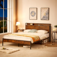 Bed Frame With Charging Station Queen Size,87.80'' L X 61.80'' W X 39.2'' H Queen Rustic Brown Particle Board