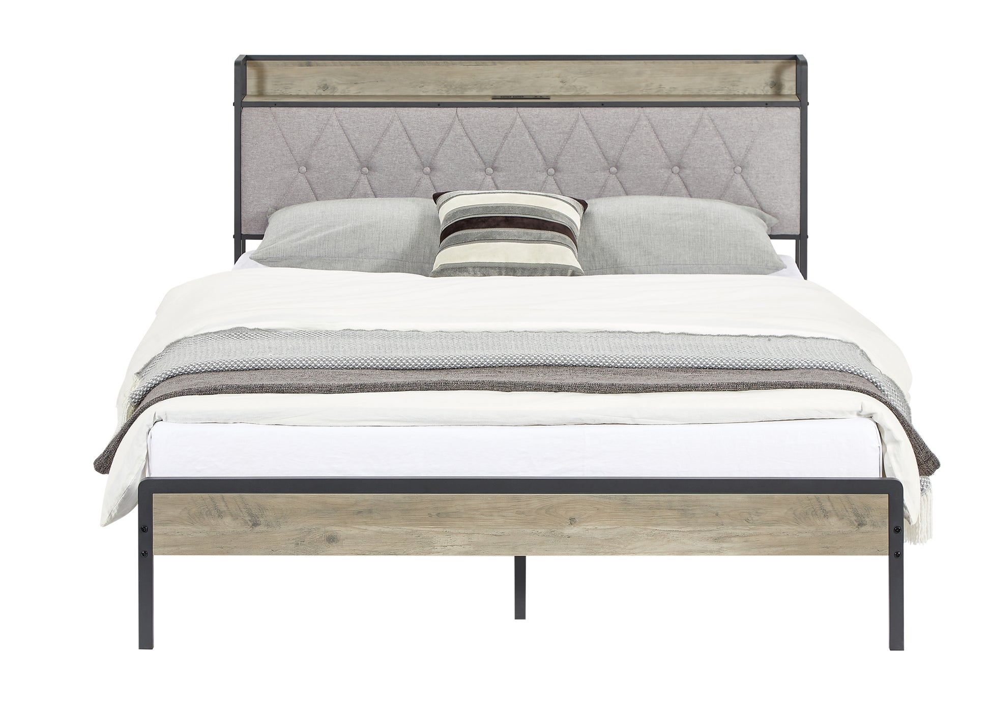 Bed Frame With Charging Station Queen Size,Grey, 87.8'' L X 61.8'' W X 39.2'' H. Queen Grey Particle Board