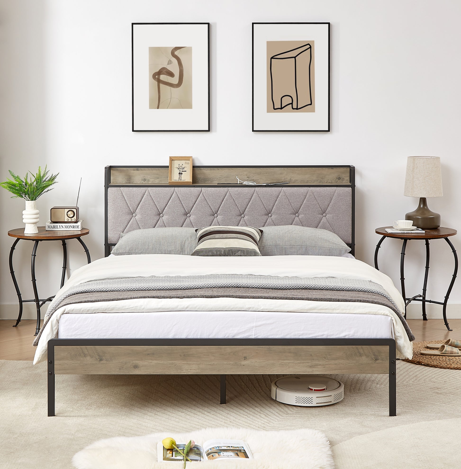 Bed Frame With Charging Station Queen Size,Grey, 87.8'' L X 61.8'' W X 39.2'' H. Queen Grey Particle Board