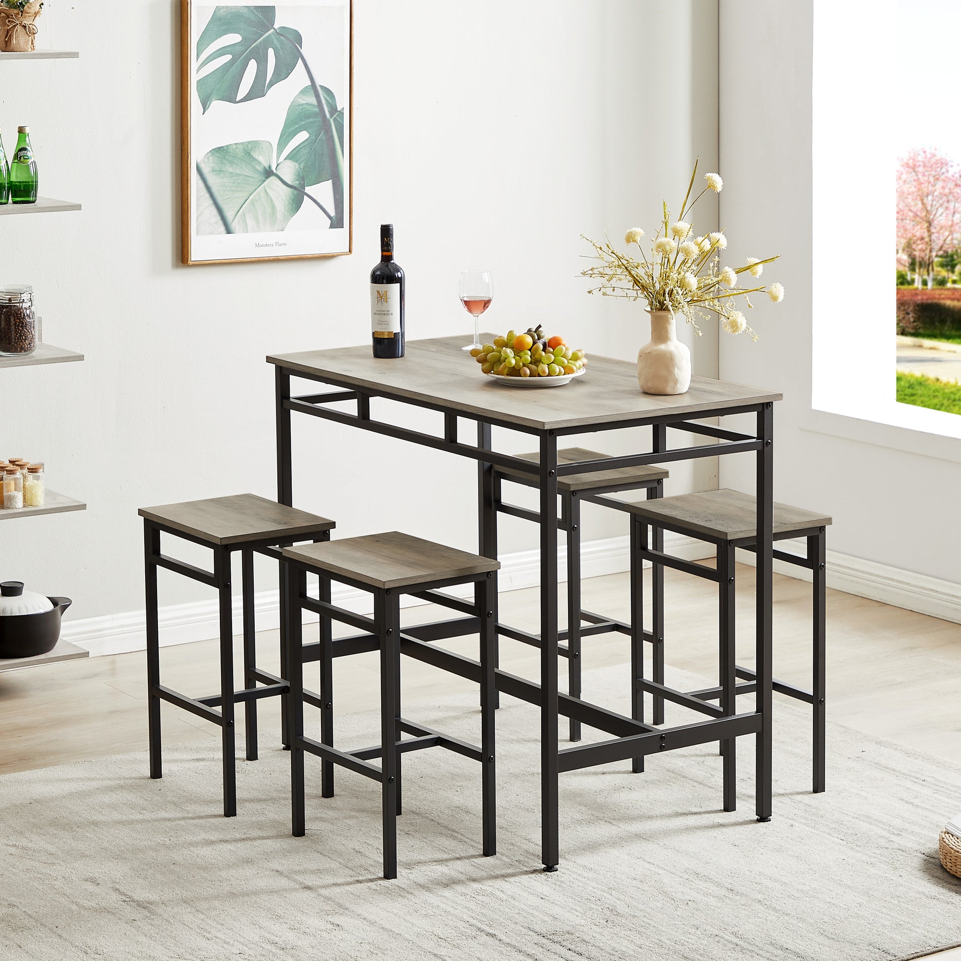 Bar Table Set 5Pc Dinging Table Set With High Stools, Structural Strengthening, Industrial Style. Grey, 43.31'' L X 23.62'' W X 35.43'' H. Grey Particle Board