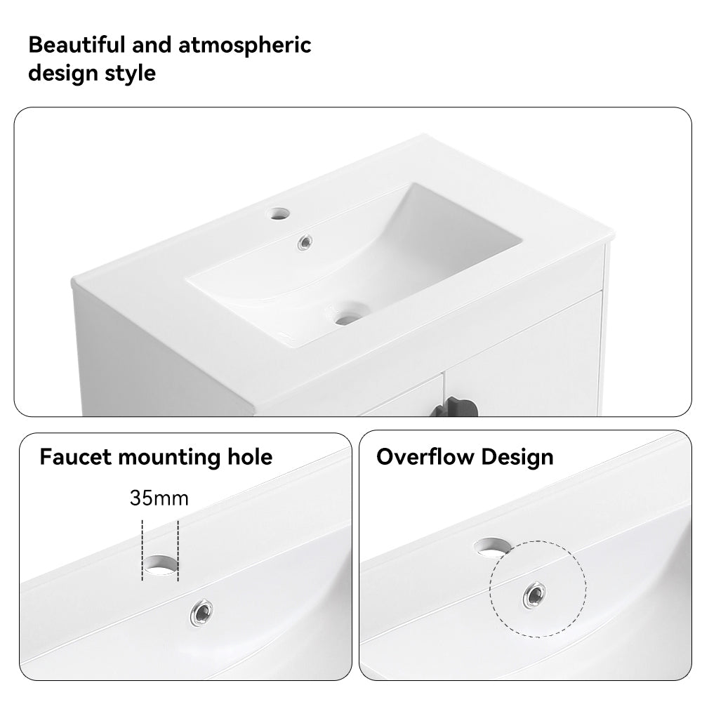 24" Bathroom Vanity,With White Ceramic Basin,Two Cabinet Doors With Black Zinc Alloy Handles,Solid Wood,Excluding Faucets,White White Solid Wood