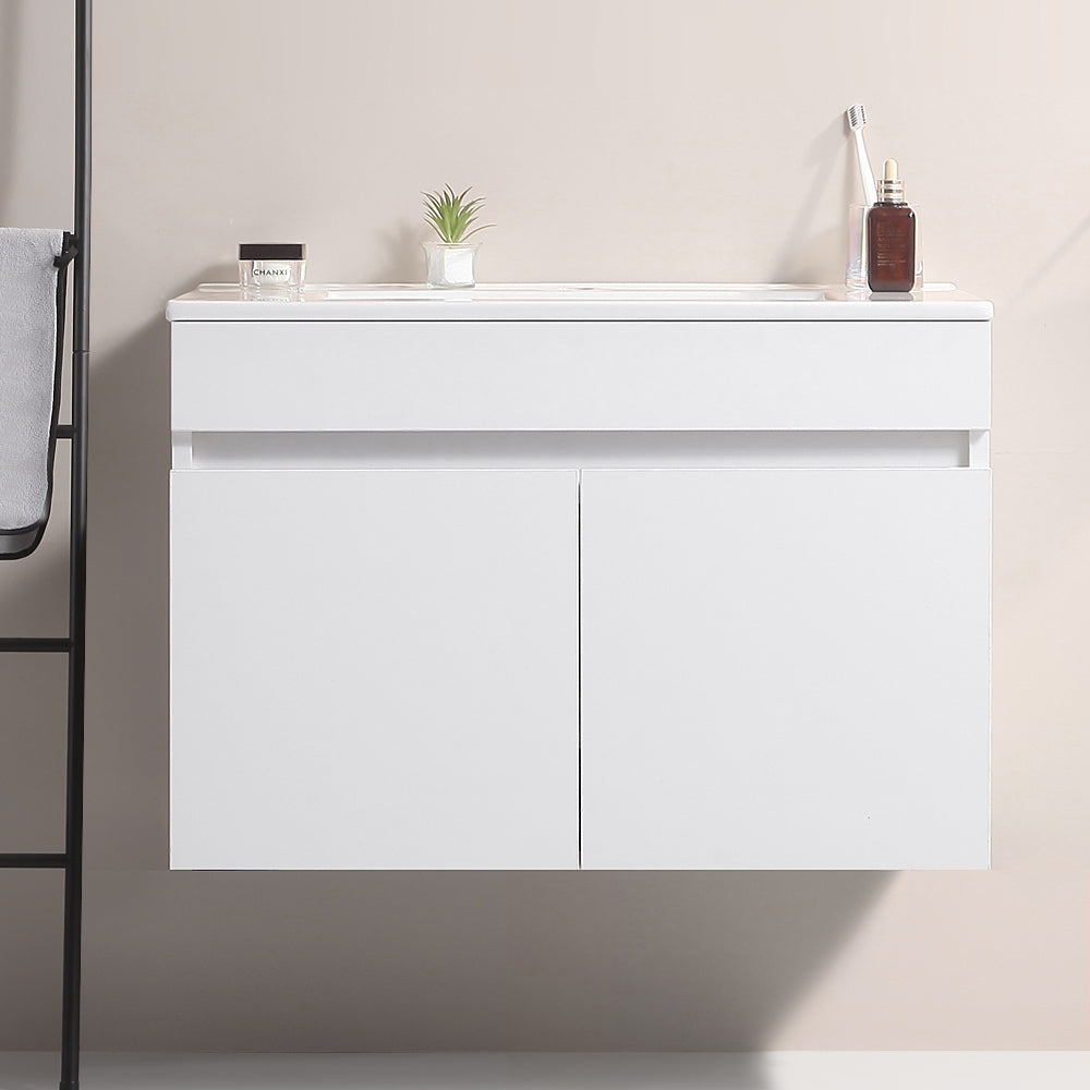 24 Inch Wall Mounted Bathroom Vanity With White Ceramic Basin,Two Soft Close Cabinet Doors, Solid Wood,Excluding Faucets,White White Solid Wood