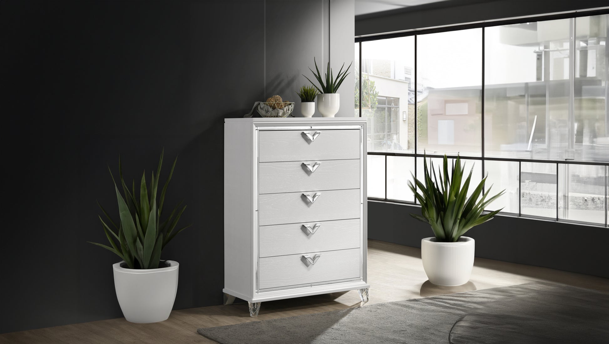 Prism Modern Style King 5Pc Bedroom Set With Led Accents & V Shaped Handles Box Spring Not Required King Silver Wood 5 Piece Set Bedroom Bed Included,Chest Included,Dresser Included,Mirror Included,Nightstand Included Contemporary,Modern Built In