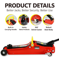 Floor Jack, 2 Ton Low Profile Floor Jack, 3T Jack Stand Tire Repair Kit Heavy Duty Steel Racing Floor Jack With Single Piston Quick Lift Pump, Floor Jack Lifting Range 3.3" 15.2" Red Steel