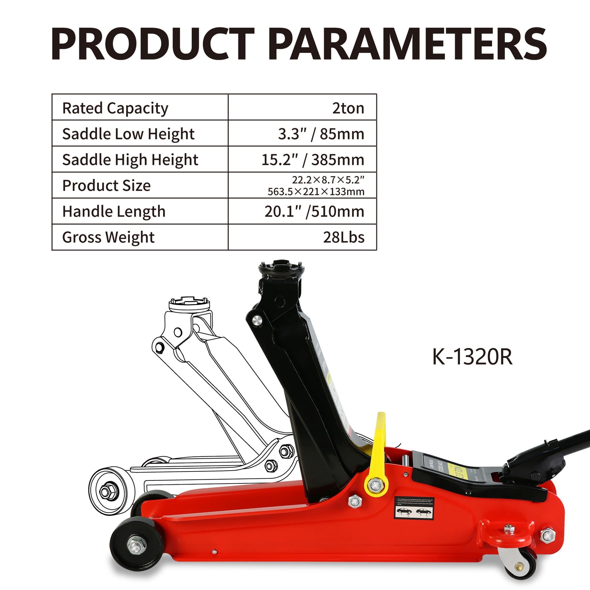 Floor Jack, 2 Ton Low Profile Floor Jack, 3T Jack Stand Tire Repair Kit L Wrench Heavy Duty Steel Racing Floor Jack With Single Piston Quick Lift Pump, Floor Jack Lifting Range 3.3" 15.2" Red Steel