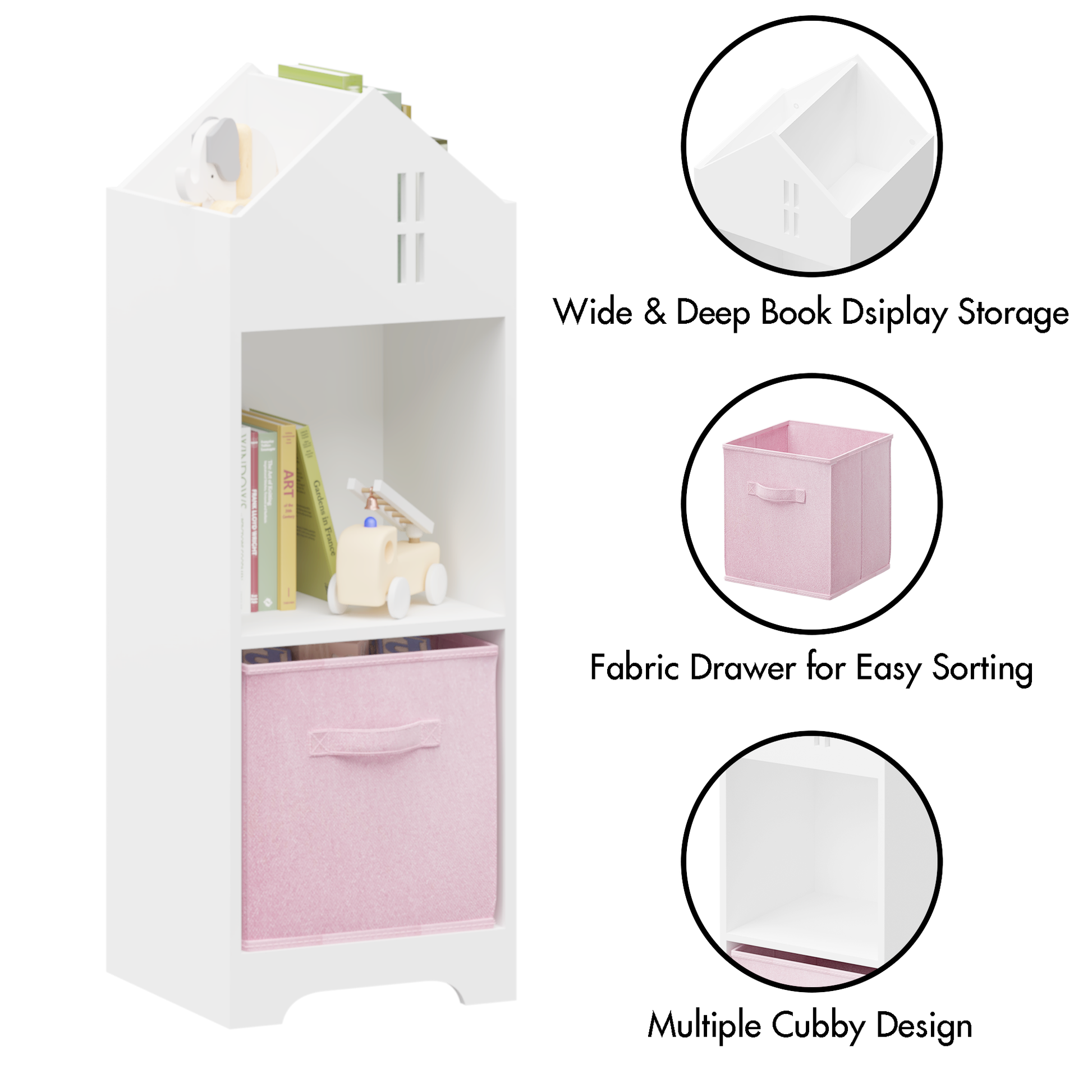 Kids Dollhouse Bookcase With Storage, 2 Tier Storage Display Organizer, Toddler Bookshelf With Collapsible Fabric Drawers For Bedroom Or Playroom White Pink White Pink Mdf