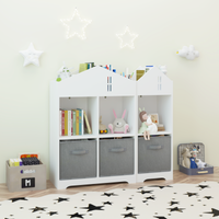 Kids Dollhouse Bookcase With Storage, 2 Tier Storage Display Organizer, Toddler Bookshelf With Collapsible Fabric Drawers For Bedroom Or Playroom White Gray White Gray Mdf