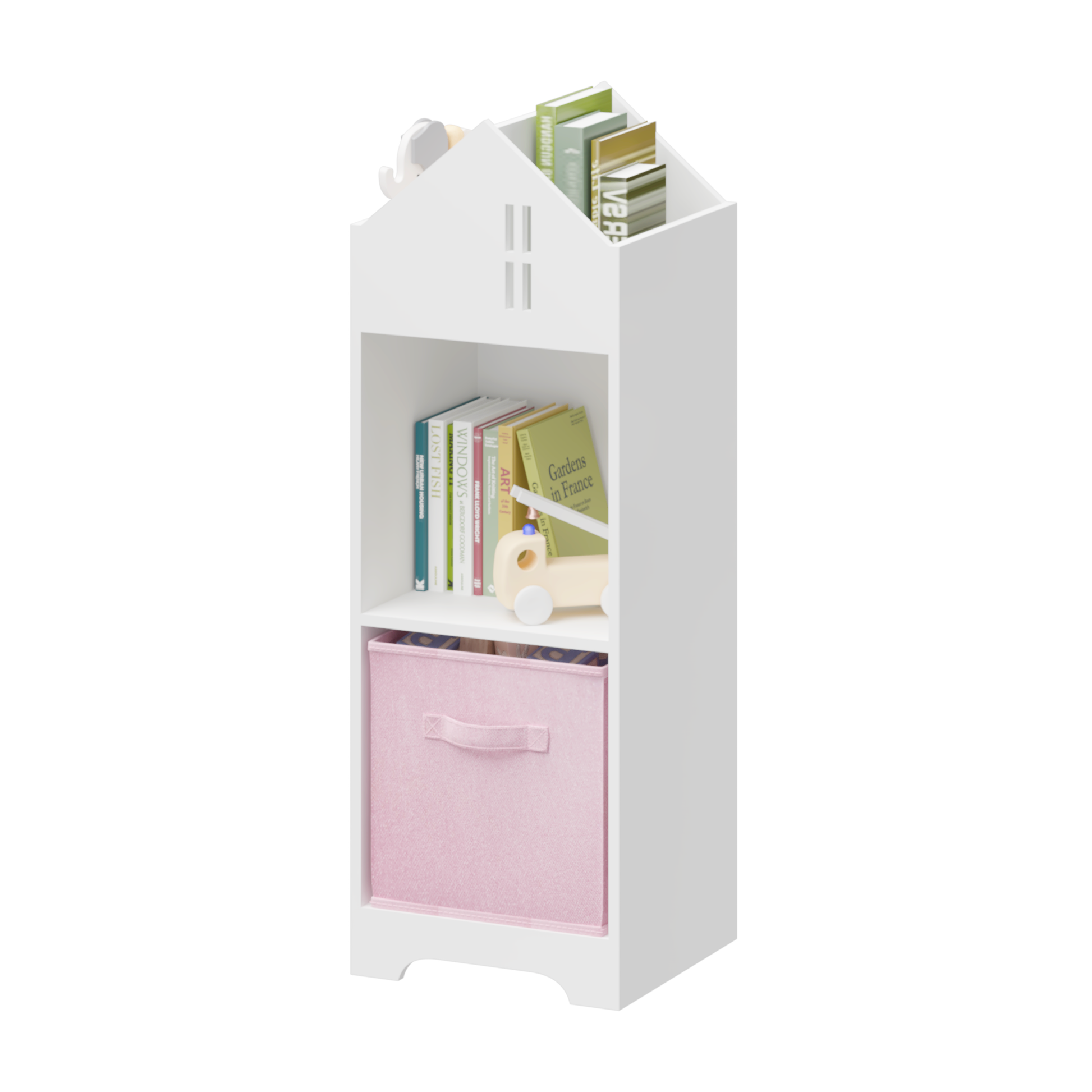 Kids Dollhouse Bookcase With Storage, 2 Tier Storage Display Organizer, Toddler Bookshelf With Collapsible Fabric Drawers For Bedroom Or Playroom White Pink White Pink Mdf