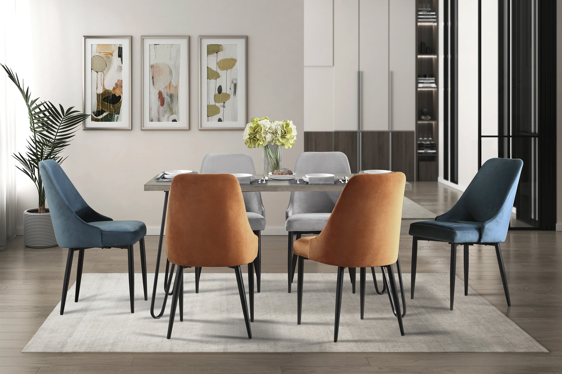 Modern Sleek Design 7Pc Dining Set Table And 6X Side Chairs Blue Orange Gray Velvet Upholstered Metal Frame Stylish Dining Furniture Wood Multi Seats 6 Dining Room 60 Inches Casual,Modern