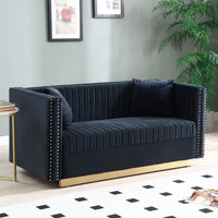 Contemporary Vertical Channel Tufted Velvet Sofa Loveseat Modern Upholstered 2 Seater Couch For Living Room Apartment With 2 Pillows,Black Black Foam Velvet