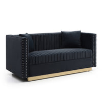 Contemporary Vertical Channel Tufted Velvet Sofa Loveseat Modern Upholstered 2 Seater Couch For Living Room Apartment With 2 Pillows,Black Black Foam Velvet