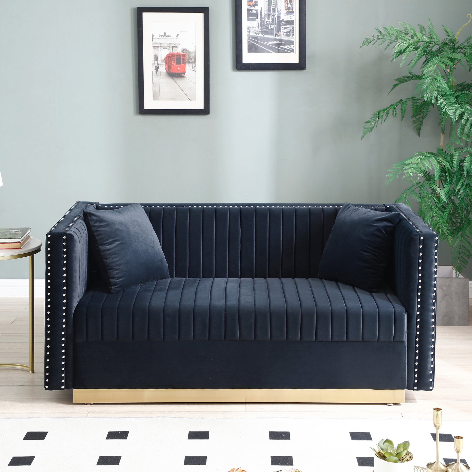 Contemporary Vertical Channel Tufted Velvet Sofa Loveseat Modern Upholstered 2 Seater Couch For Living Room Apartment With 2 Pillows,Black Black Foam Velvet