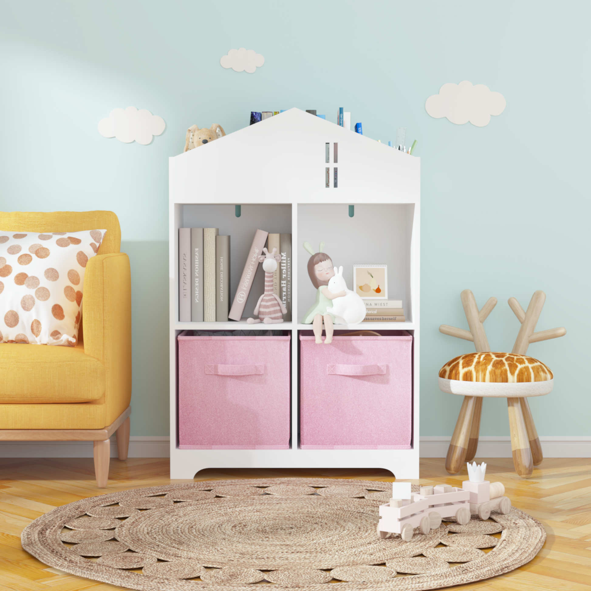 Kids Dollhouse Bookcase With Storage, 2 Tier Storage Display Organizer, Toddler Bookshelf With 2 Collapsible Fabric Drawers For Bedroom Or Playroom White Pink White Pink Mdf