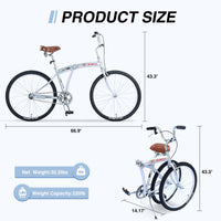 Single Speed Folding Bicycles, Multiple Colors 26"Inch Beach Cruiser Bike Cycling Silver Garden & Outdoor Steel