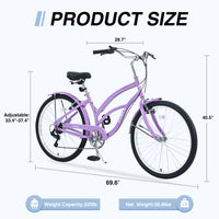 7 Speed Bicycles, Multiple Colors 26"Inch Beach Cruiser Bike Cycling Purple Garden & Outdoor Steel