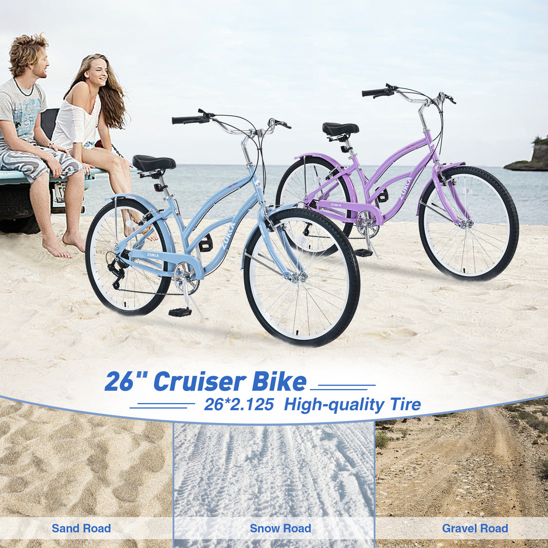 7 Speed Bicycles, Multiple Colors 26"Inch Beach Cruiser Bike Cycling Purple Garden & Outdoor Steel