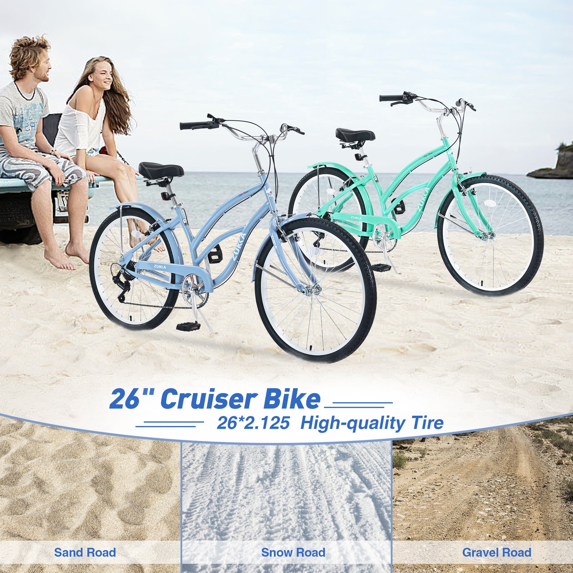 7 Speed Bicycles, Multiple Colors 26"Inch Beach Cruiser Bike Cycling Mint Green Garden & Outdoor Steel