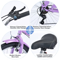 7 Speed Bicycles, Multiple Colors 26"Inch Beach Cruiser Bike Cycling Purple Garden & Outdoor Steel