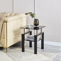 Tempered Black Glass Sofa Table, 2 Layers End Table With Storage, Living Room Side Table Black Glass