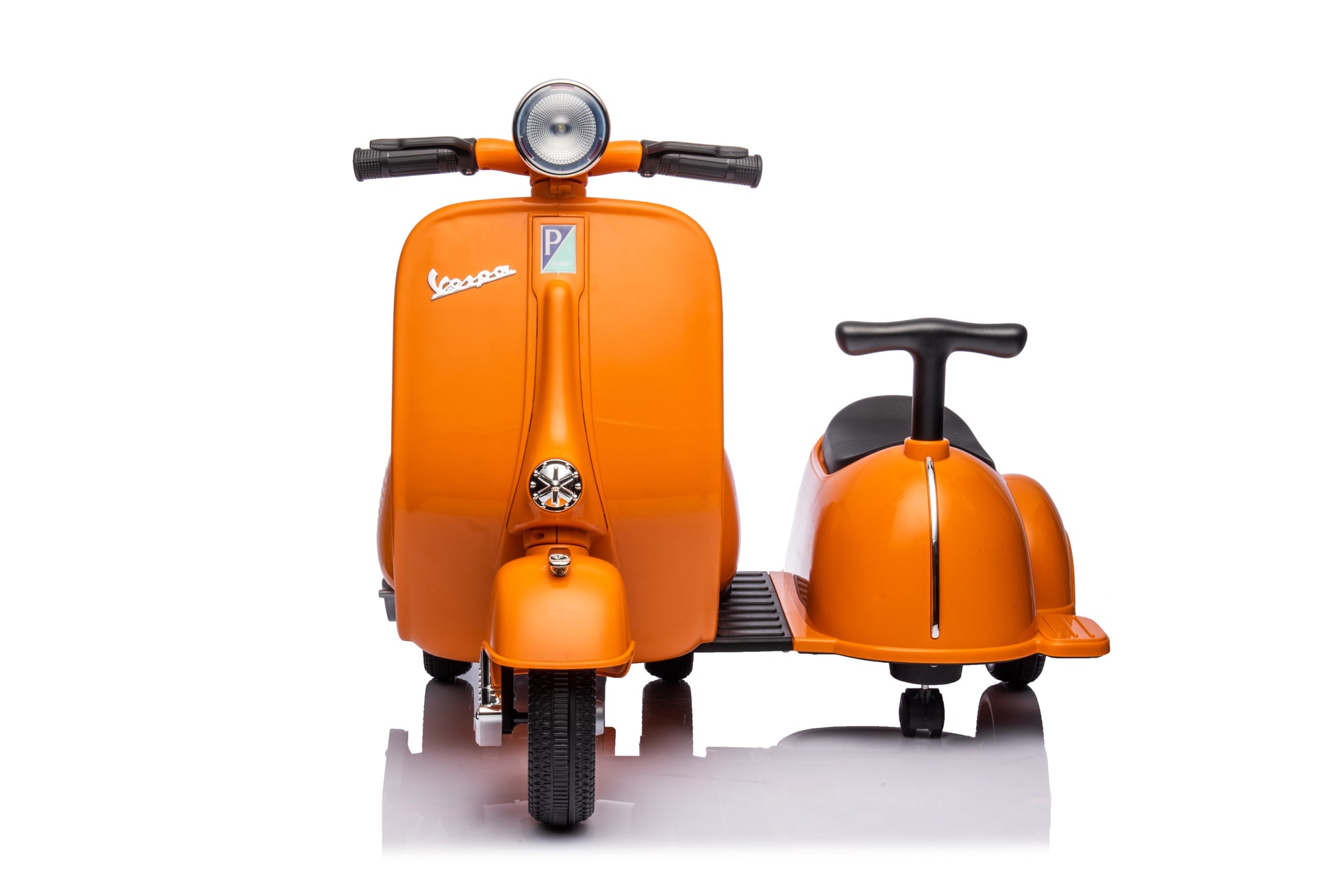 6V Licensed Vespa Scooter Motorcycle With Side Car For Kids, Orange Orange Chrome