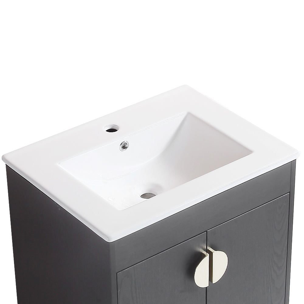 24" Bathroom Vanity,With White Ceramic Basin,Two Cabinet Doors Withmetal Handle ,Solid Wood,Excluding Faucets,Black Black Solid Wood