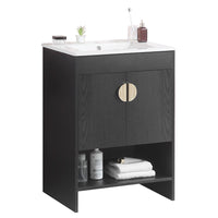 24" Bathroom Vanity,With White Ceramic Basin,Two Cabinet Doors Withmetal Handle ,Solid Wood,Excluding Faucets,Black Black Solid Wood