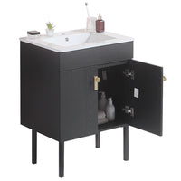 24" Bathroom Vanity With Metal Leg,With White Ceramic Basin,Two Soft Close Cabinet Doors, Solid Wood,Excluding Faucets,Black Black Solid Wood