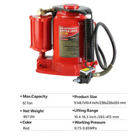 32 Ton Hydraulic Bottle Jack Air Operated Bottle Jack Lift Portable Low Profile Manual Jack Air Jack With Handle Red Steel