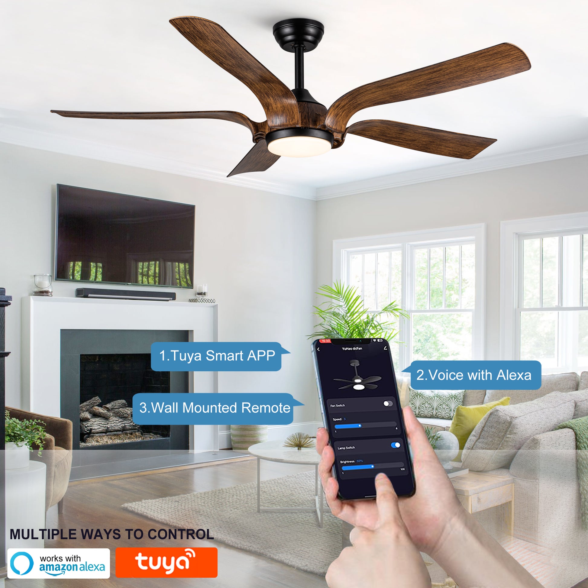 Smart 56" Integrated Led Ceiling Fan With Antique Brown Blades In Matte Black Fan Body Finish Antique Brown Abs