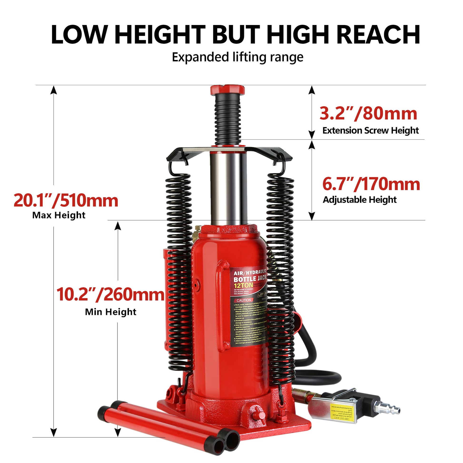 Air Hydraulic Bottle Jack, 12 Ton All Welded Bottle Jack, 10.2 20.1 Inch Lifting Range, With 2 Section Long Handle, For Car, Pickup Truck, Truck, Rv, Auto Repair, Industrial Engineering Red Steel