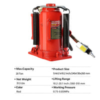 20 Ton Air Hydraulic Bottle Jack, With Manual Hand Pump Used For The Maintenance Of Automobiles, Agricultural Vehicles, Heavy Trucks, Mobile Machinery, And Heavy Equipment Red Steel