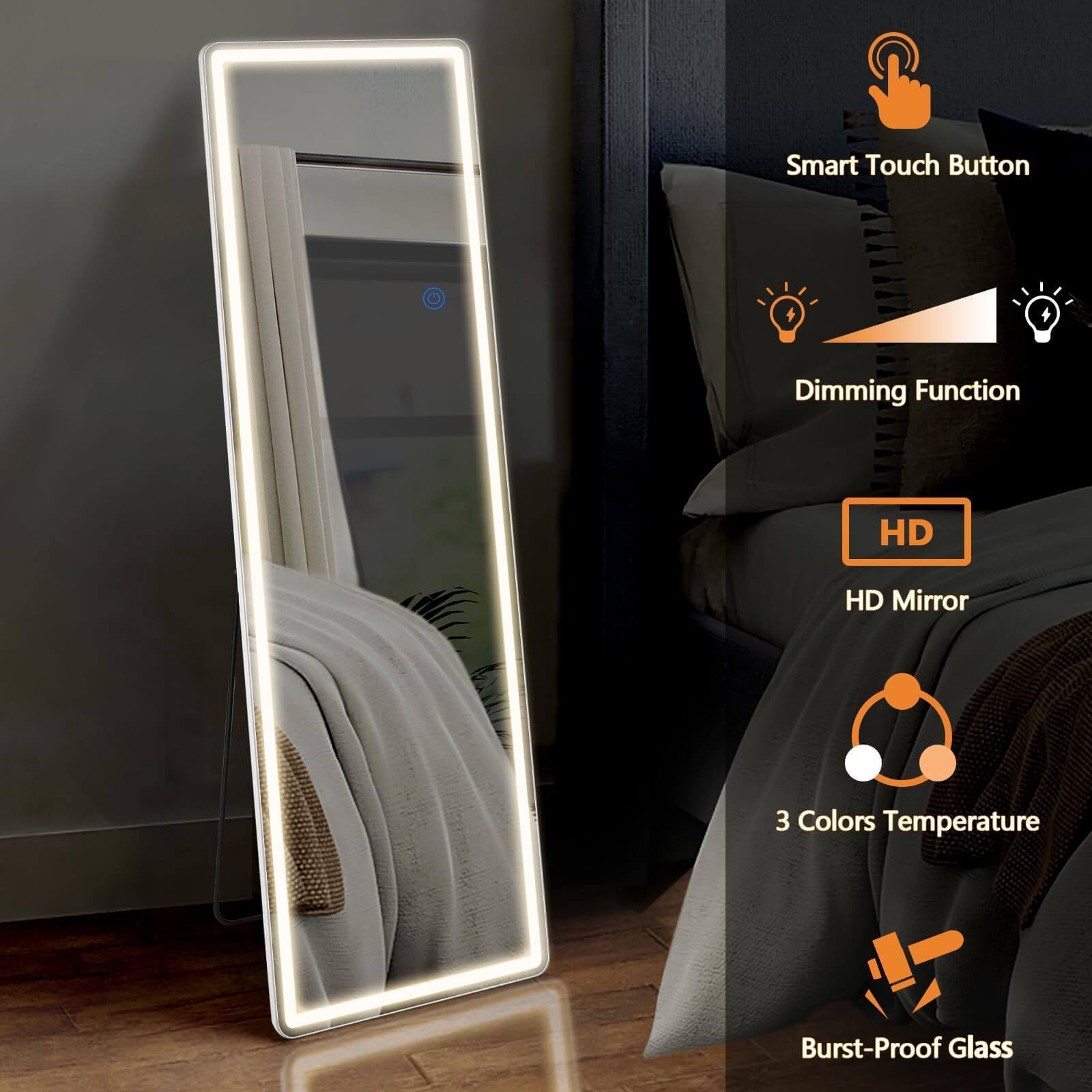 3 Color Lighting Mirror With Led Lights, 64"X21" Lighted Floor Standing Mirror With Stand Black Fiberglass