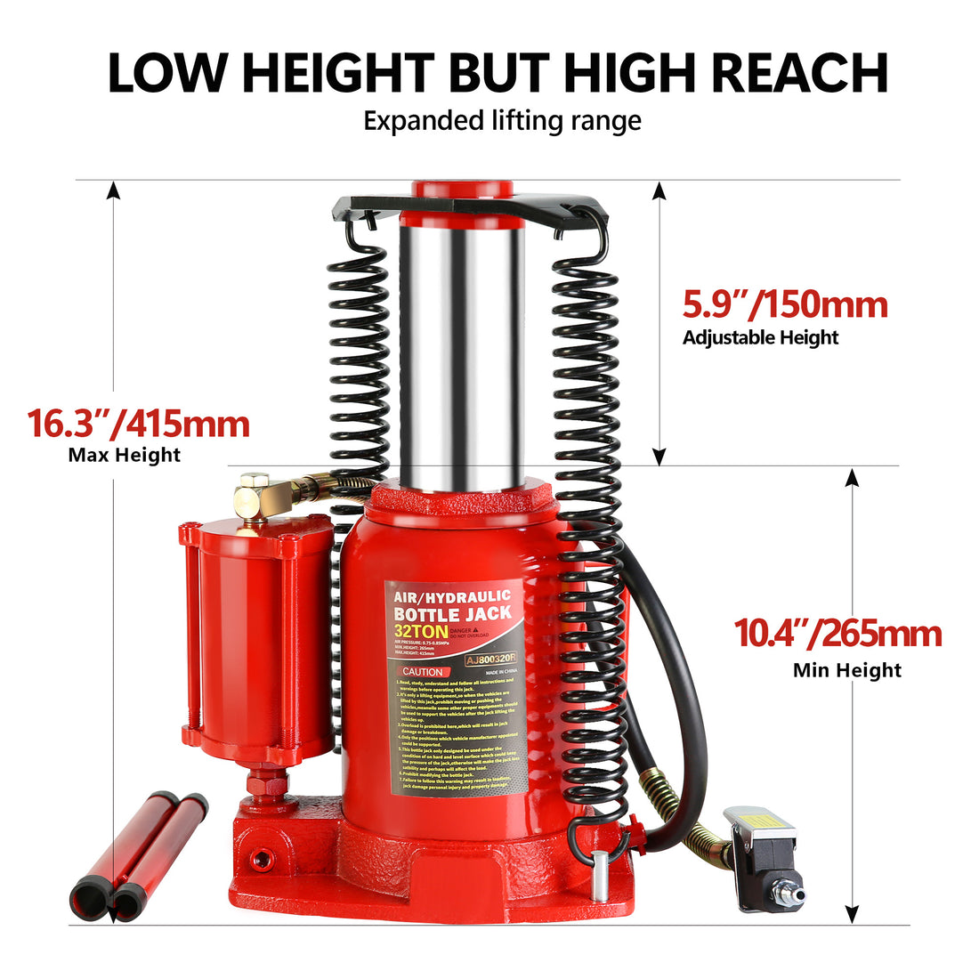 32 Ton Hydraulic Bottle Jack Air Operated Bottle Jack Lift Portable Low Profile Manual Jack Air Jack With Handle Red Steel