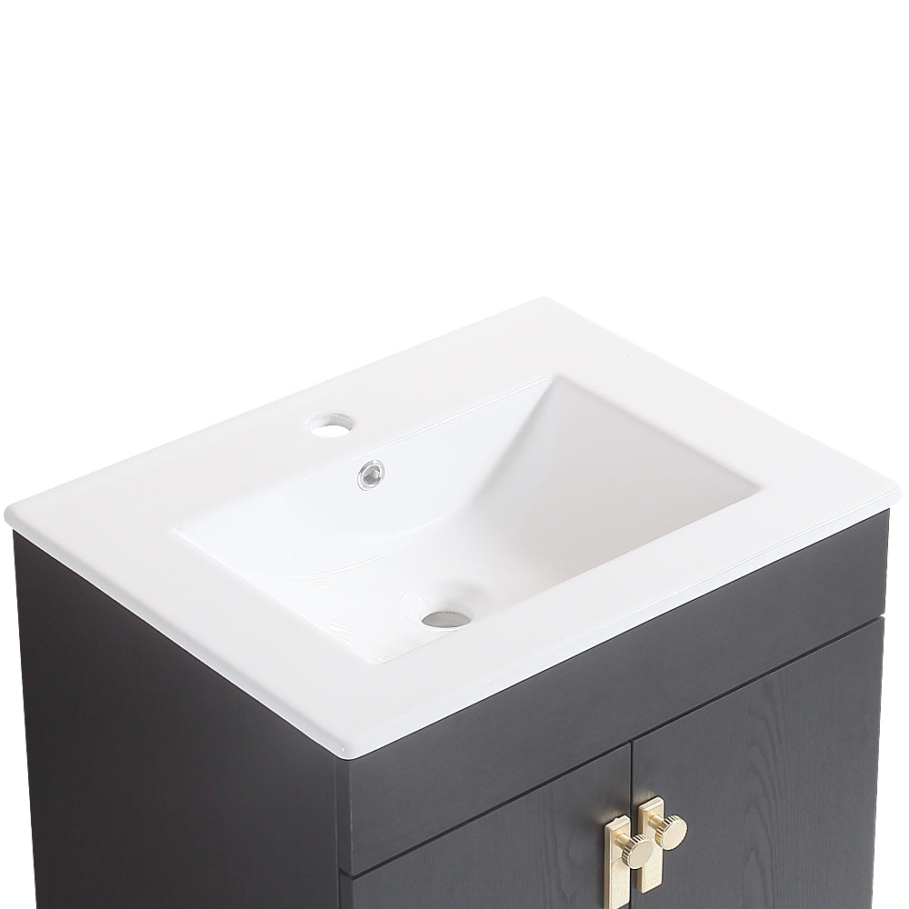 24" Bathroom Vanity With Metal Leg,With White Ceramic Basin,Two Soft Close Cabinet Doors, Solid Wood,Excluding Faucets,Black Black Solid Wood