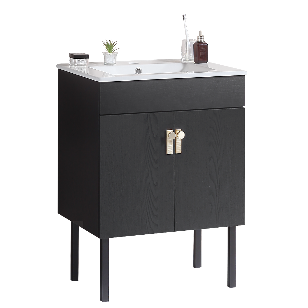 24" Bathroom Vanity With Metal Leg,With White Ceramic Basin,Two Soft Close Cabinet Doors, Solid Wood,Excluding Faucets,Black Black Solid Wood