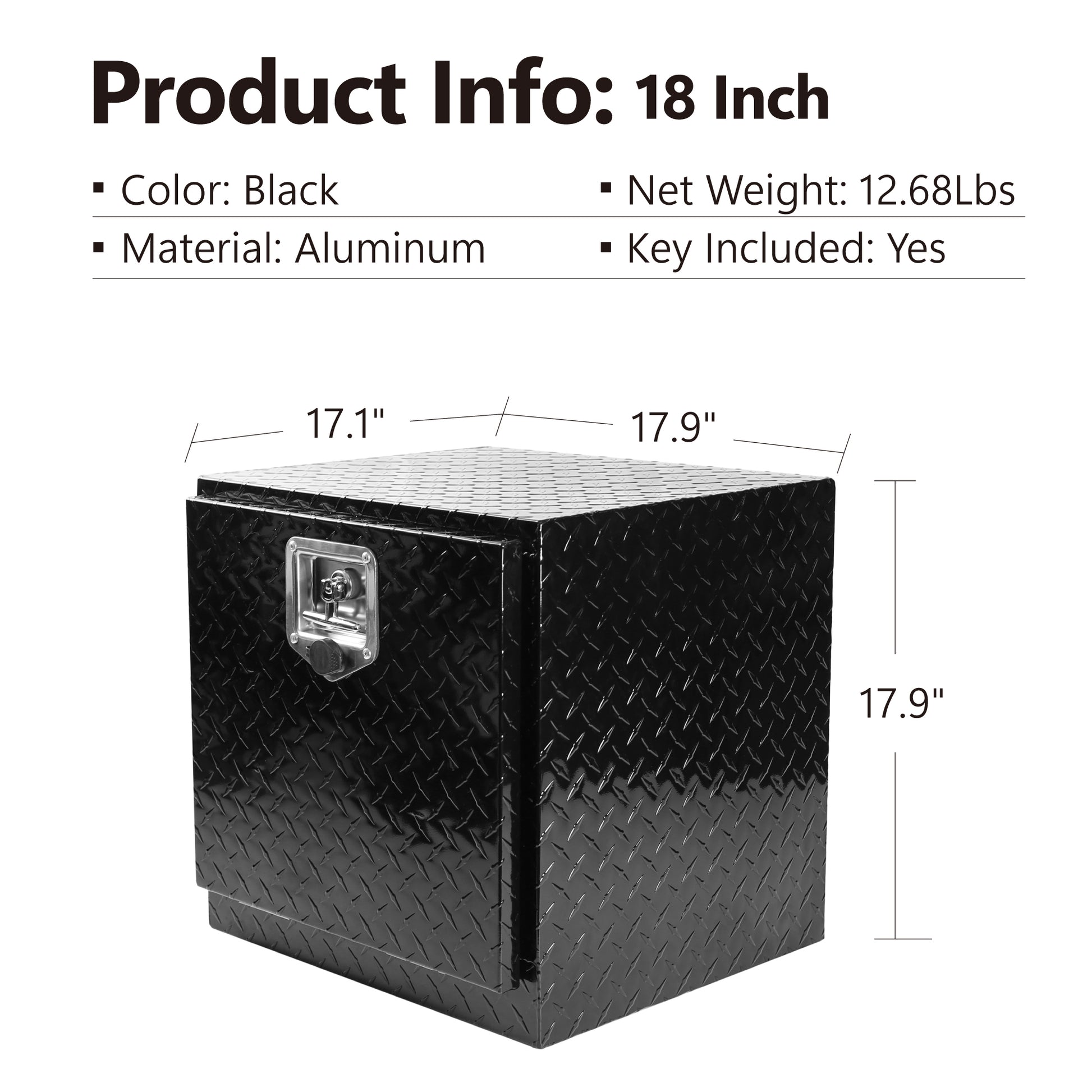 18 Inch Heavy Duty Aluminum Diamond Plate Tool Underbody Box, Waterproof Square Truck Storage Organizer Chest For Pick Up Truck Bed, Rv Trailer With T Handle Lock And Ke 18" 17.9" 17.1" 17.9" Black Aluminum