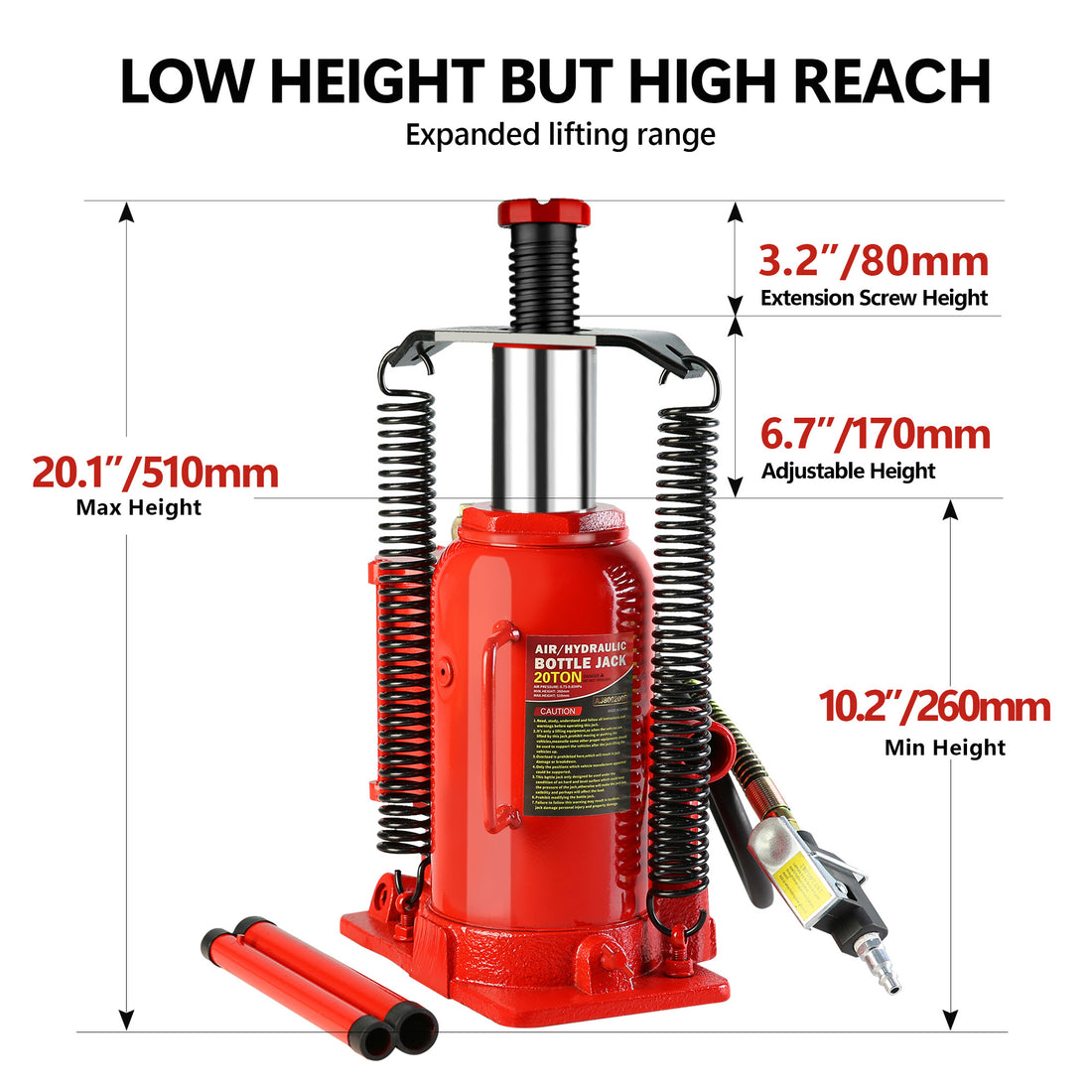 20 Ton Air Hydraulic Bottle Jack, With Manual Hand Pump Used For The Maintenance Of Automobiles, Agricultural Vehicles, Heavy Trucks, Mobile Machinery, And Heavy Equipment Red Steel