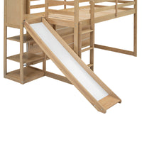 Twin Size Wood House Loft Bed With Slide, Storage Shelves And Light, Natural Natural Solid Wood Mdf