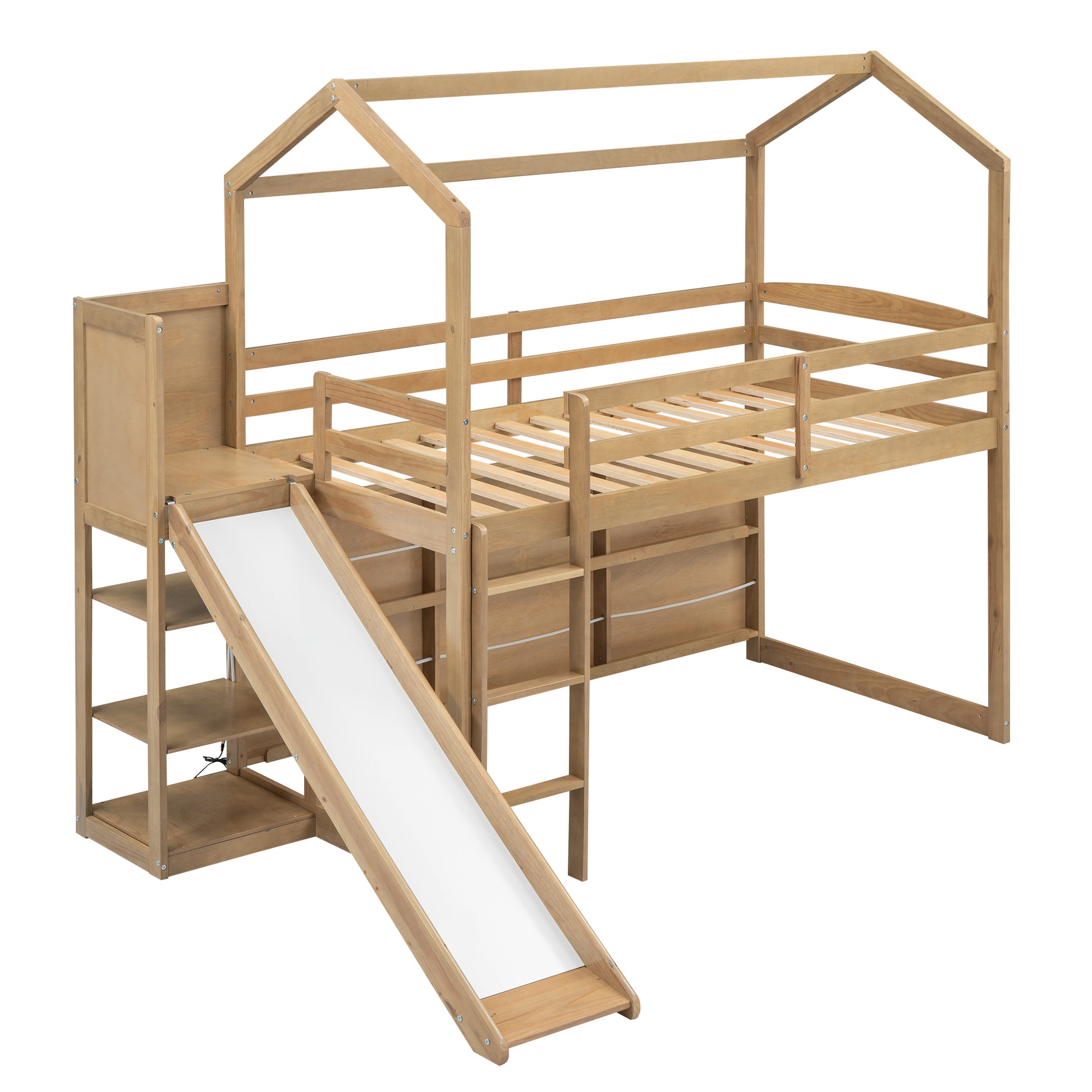 Twin Size Wood House Loft Bed With Slide, Storage Shelves And Light, White Natural Solid Wood Mdf